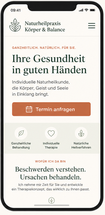 Nachher: Optimierte Praxis-Website auf dem Handy – große Schrift, klare Struktur und deutlicher Kontakt-Button.