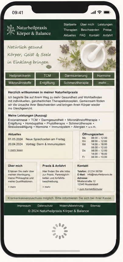 Vorher: Typische alte Praxis-Website auf dem Handy – überladene Startseite, kleine Schrift, unklare Struktur.
